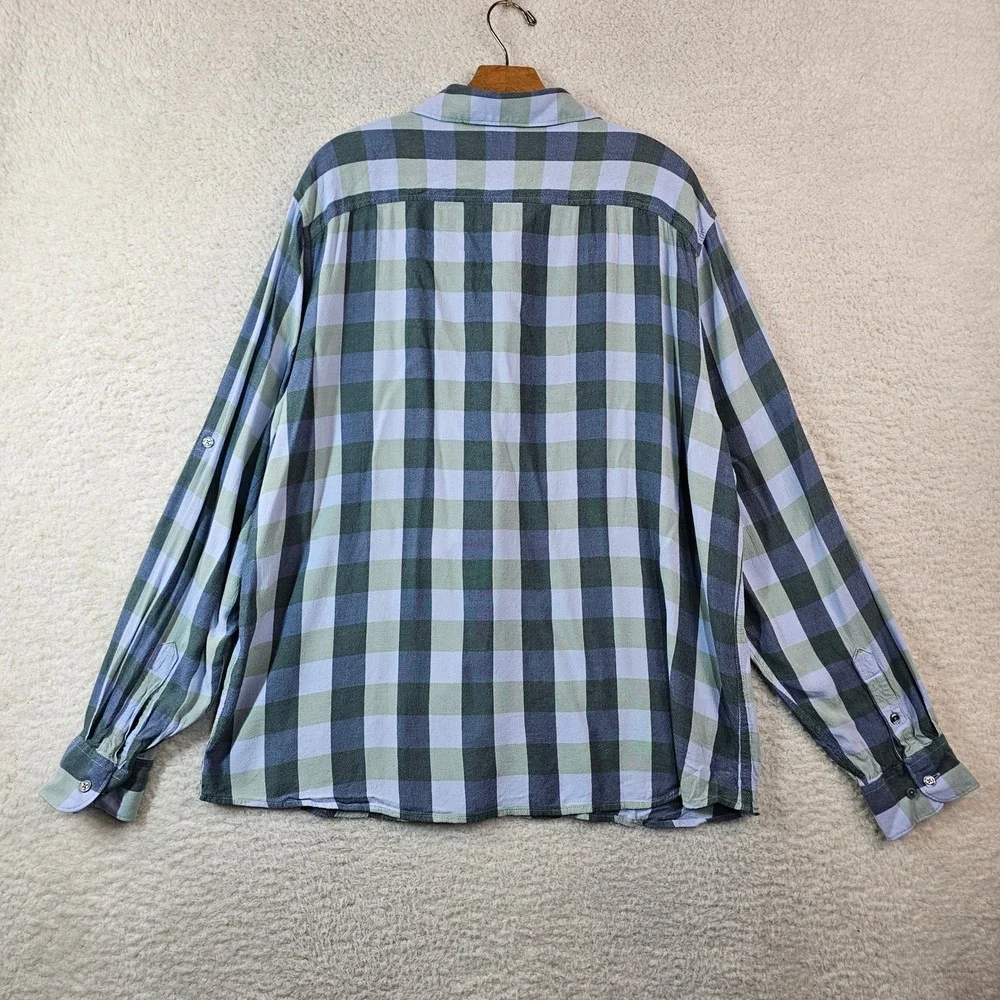 Perry Ellis Mens XXL Blue Green Plaid Viscose Long Sleeve Roll Tab Button Shirt